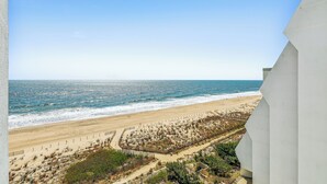 Blick auf einen Strand mit blauem Himmel, feinem Sand und einem angelegten Bereich mit Wegen und Bepflanzung.
