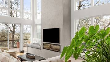 Smart TV, fireplace, table tennis, books