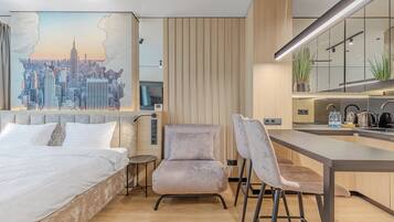 Premium Studio | Premium bedding, down comforters, memory foam beds, in-room safe