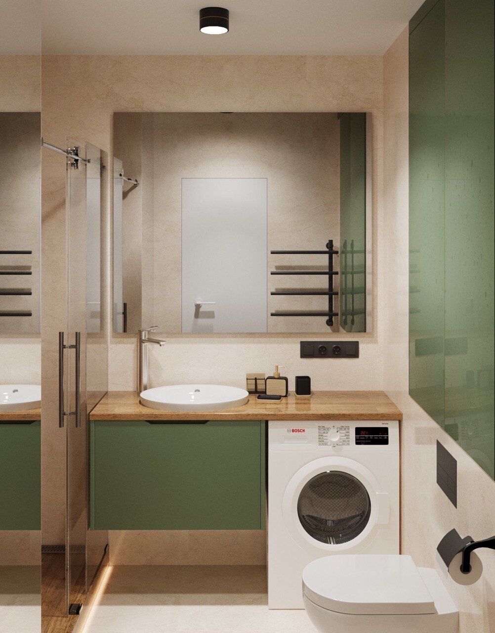A modern bathroom with two sinks, a mirror, a toilet, and a washing machine.