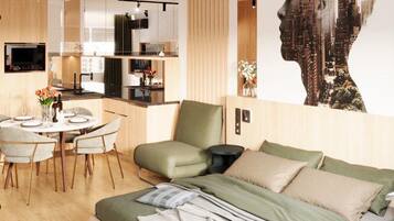 A modern living room with a sofa, a dining area with a table and chairs, and a kitchen in the background.
