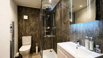 Shower, hair dryer, towels