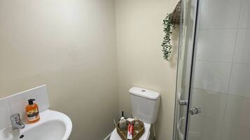 Hair dryer, towels, soap, shampoo