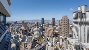 A cityscape with high-rise buildings, a highway, and a clear sky.