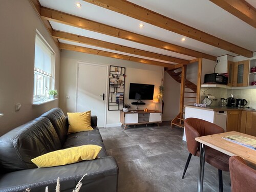 Compact apartment with sunny terrace and extra toilet on bedroom floor.