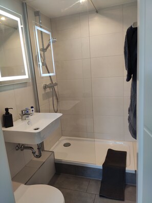 Dusche, Haartrockner, Handtücher, Seife