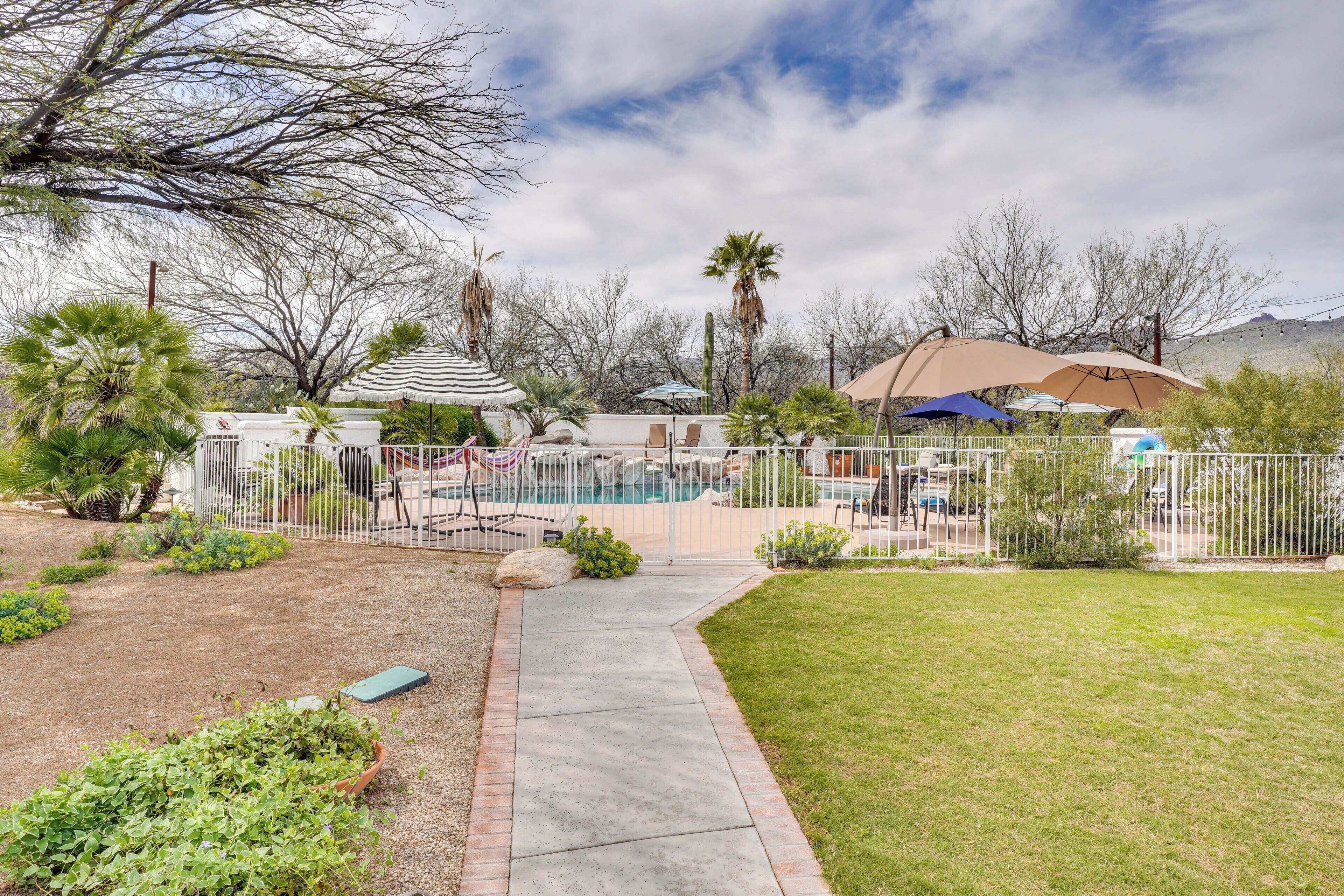 A pool area with a concrete pathway, palm trees, and a fenced patio.