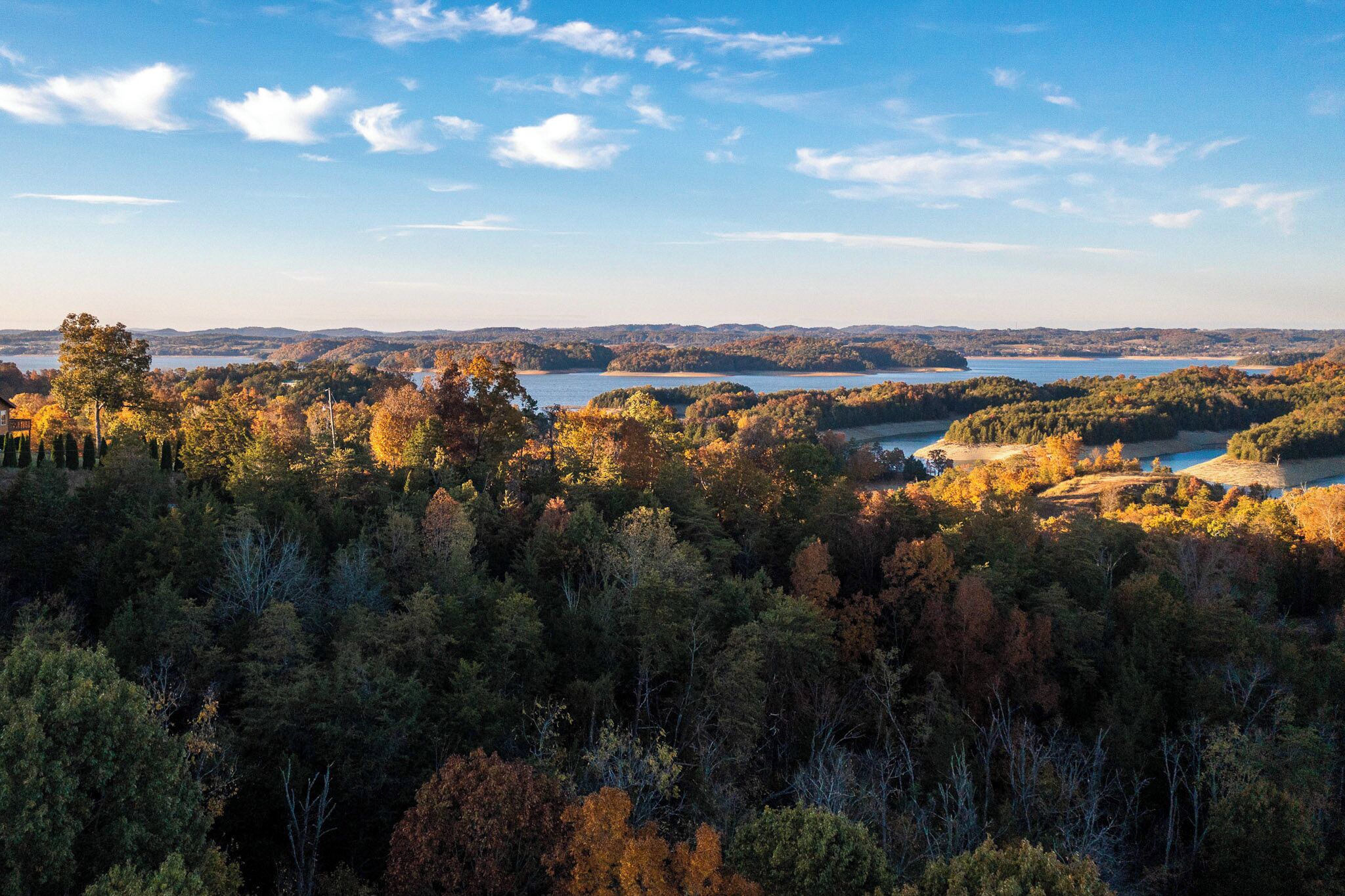 A forested landscape with a lake and distant hills.