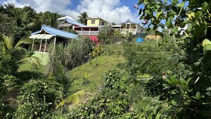 A house with a porch and a covered area, surrounded by lush greenery and a clear blue sky.