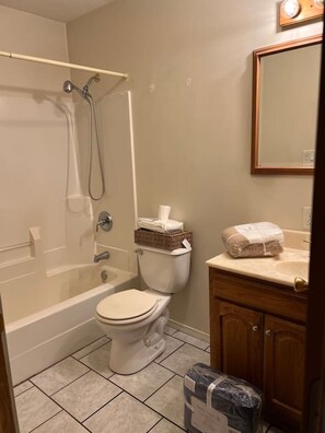 Une salle de bain avec une baignoire, des toilettes et un meuble-lavabo en bois.