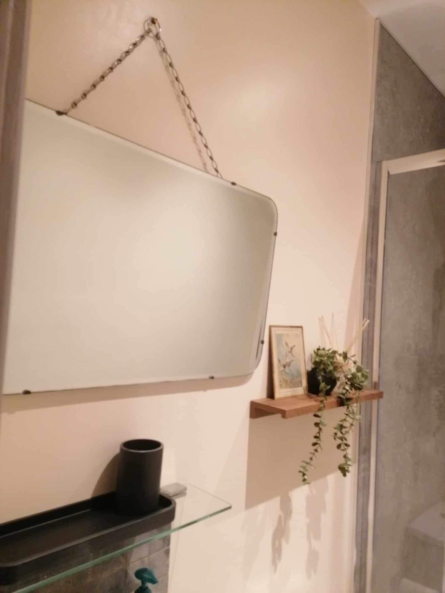 A bathroom with a whiteboard, a shelf with a plant, and a glass cabinet.