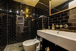 Regadera, secadora de cabello, toallas