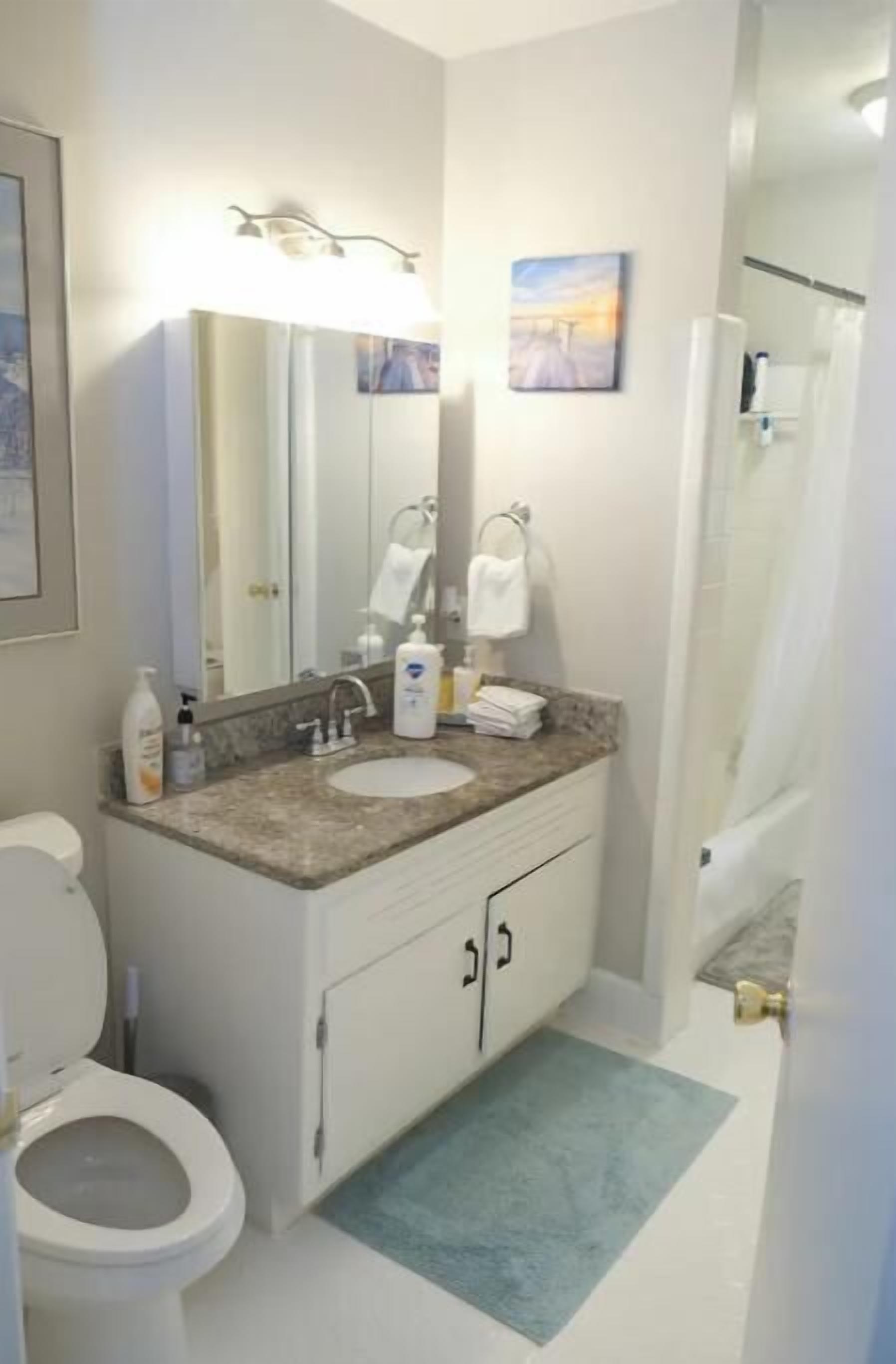 A bathroom with a white sink, a mirror, a towel rack, and a shower curtain.