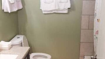 Ducha, secador de pelo, toallas y jabón