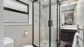 A modern bathroom with a glass-enclosed shower, a toilet, and a vanity with a mirror.
