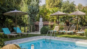 Una piscina con sillas de descanso y sombrillas, rodeada de vegetación.