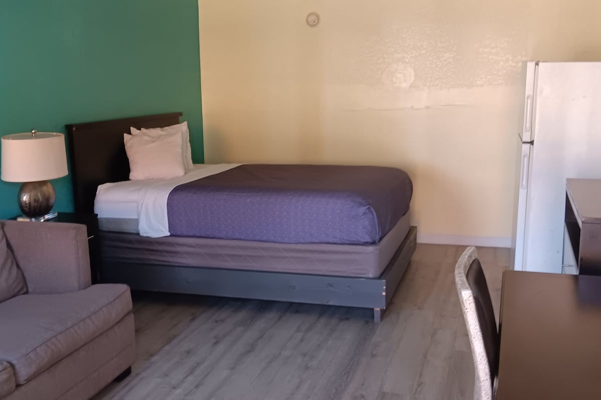 A hotel room with a bed, a couch, a desk, and a refrigerator.
