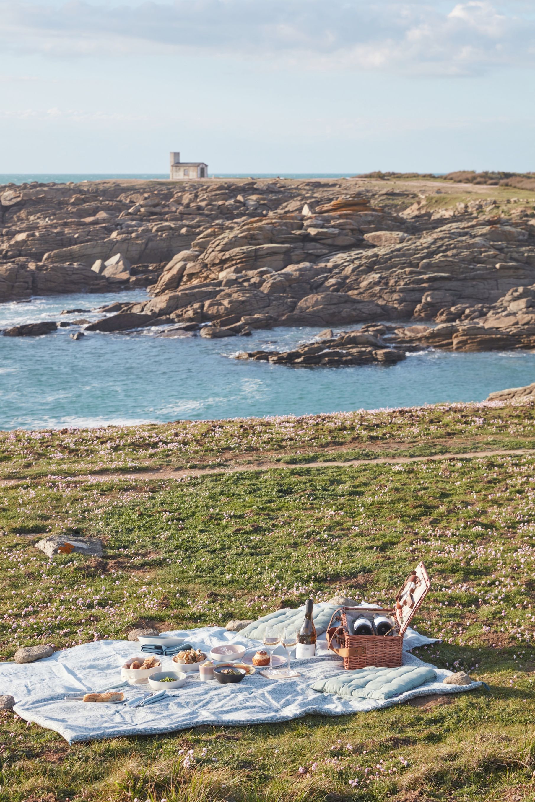 A picnic setup on a grassy area with a rocky coastline in the background.