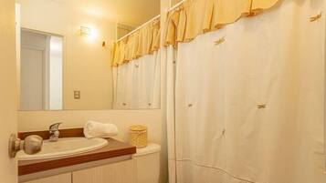 Chuveiro, secador de cabelo, toalhas de banho