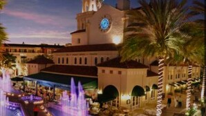 Una plaza pública con una fuente, palmeras y un edificio histórico con una torre del reloj.