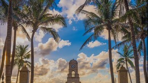 Un edificio histórico con una torre del reloj, rodeado de palmeras y un cielo despejado.