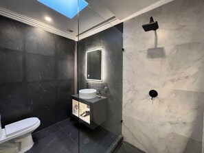 Ducha, secador de pelo, toallas, jabón