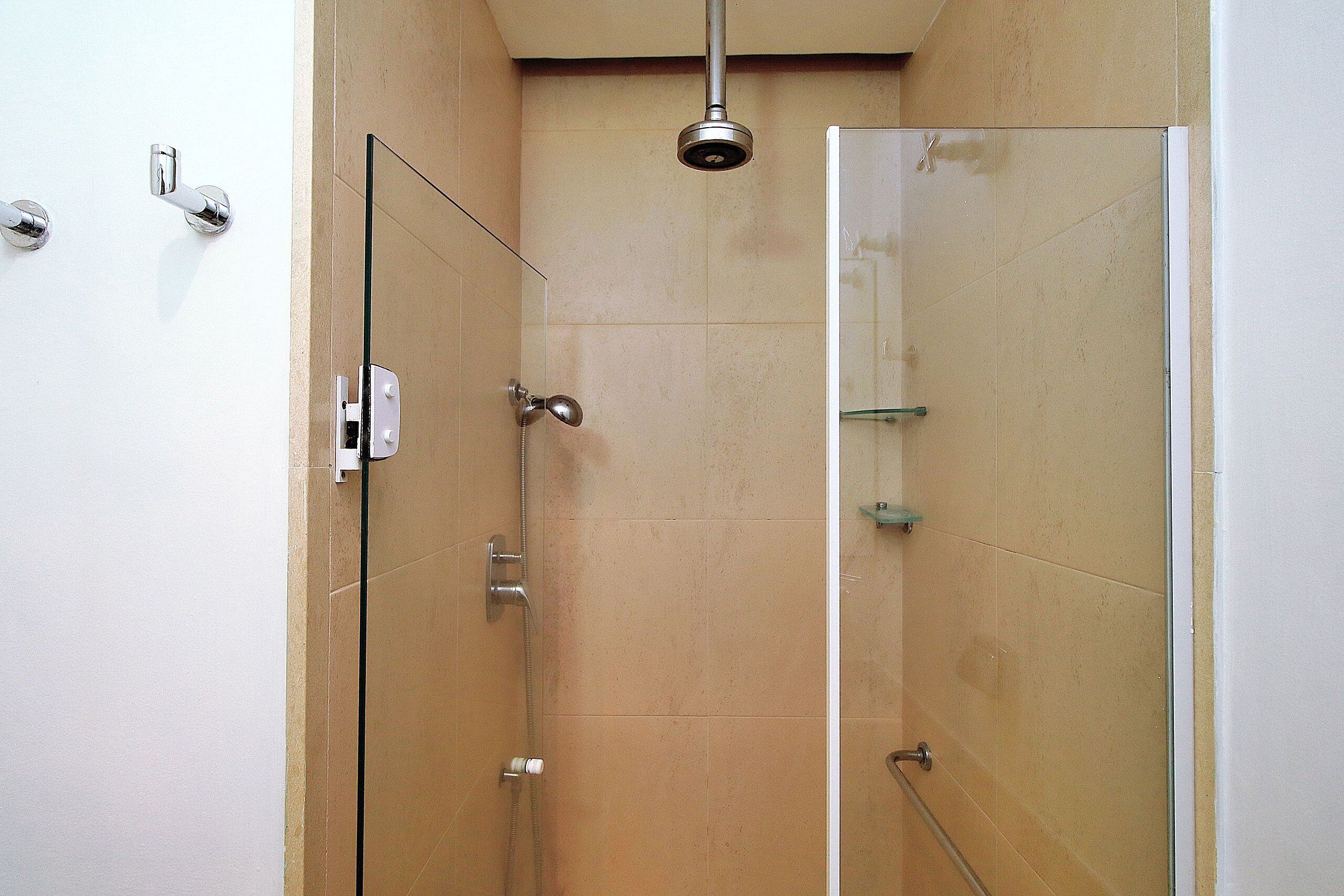 A glass-enclosed shower with a handheld showerhead, a glass shelf, and a white door with a silver handle.