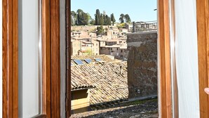 A window with wooden frames and a view of a cityscape with buildings and a clear sky.