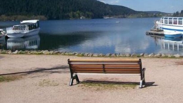 Une vue sur le lac, avec un banc, des bateaux et une colline boisée.