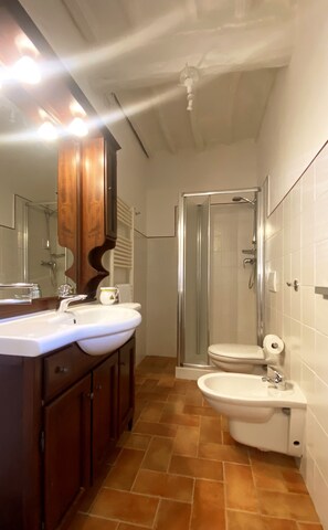 Een douche, een haardroger, een bidet, handdoeken