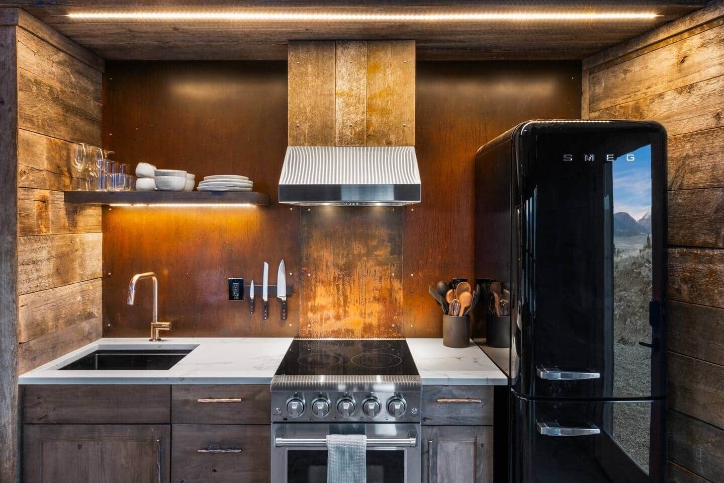 Frigorífico, microondas, horno y placa de cocina