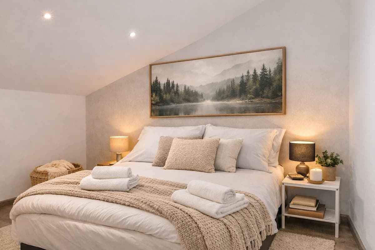 A bedroom with a large bed, two bedside tables, a wall-mounted painting, and a small shelf with books and a candle.