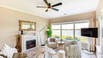 Televisión, chimenea y libros