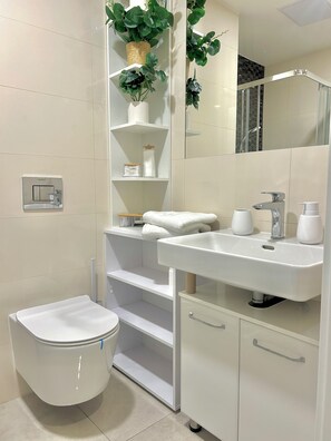 Hair dryer, towels, soap, toilet paper