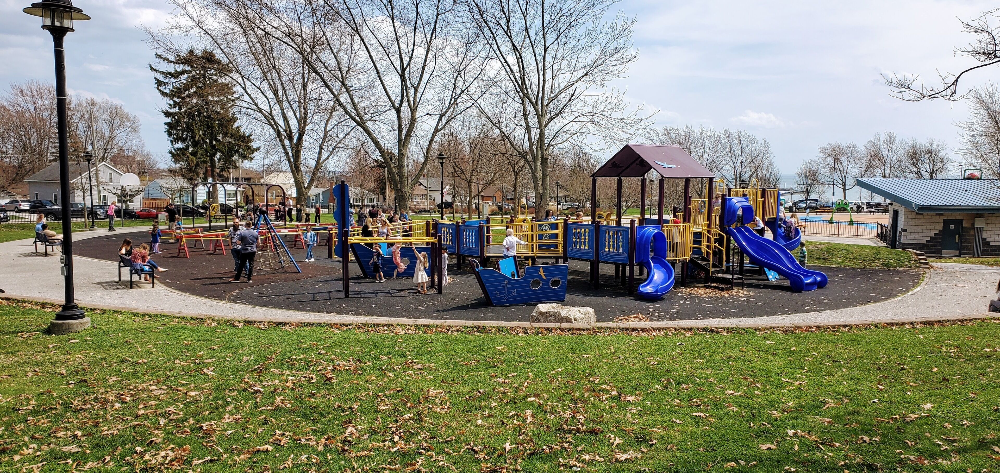 A playground with slides and climbing structures.