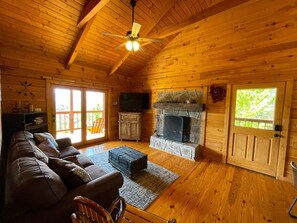 Televisión, chimenea y estéreo