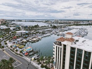 A marina with boats docked, a road with palm trees, and a large building with a white facade.