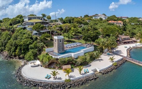 An aerial view of a resort with a swimming pool, a dock, and lush greenery.