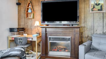 TV, fireplace, books, offices