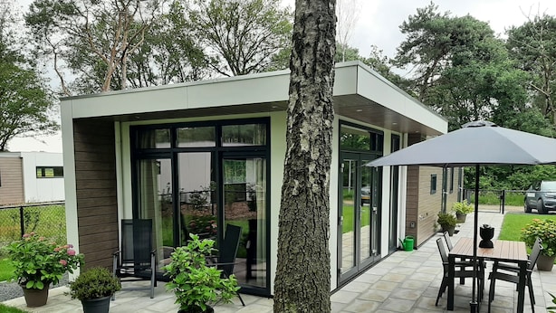 Une maison moderne dotée d’un patio comprenant une table et des chaises, entouré de plantes en pot et surmonté d’un grand parasol.