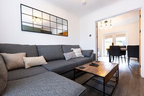 Smart TV, fireplace, books