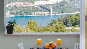 A table with a fruit bowl and two glasses of orange juice, a potted plant, and a view of a lake and bridge.