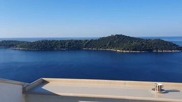 A balcony with a clear view of a calm sea and a small island with dense greenery.