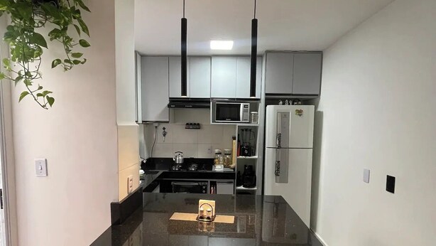 Une cuisine moderne dotée d’un îlot central, d’appareils électroménagers en acier inoxydable et d’une plante suspendue.