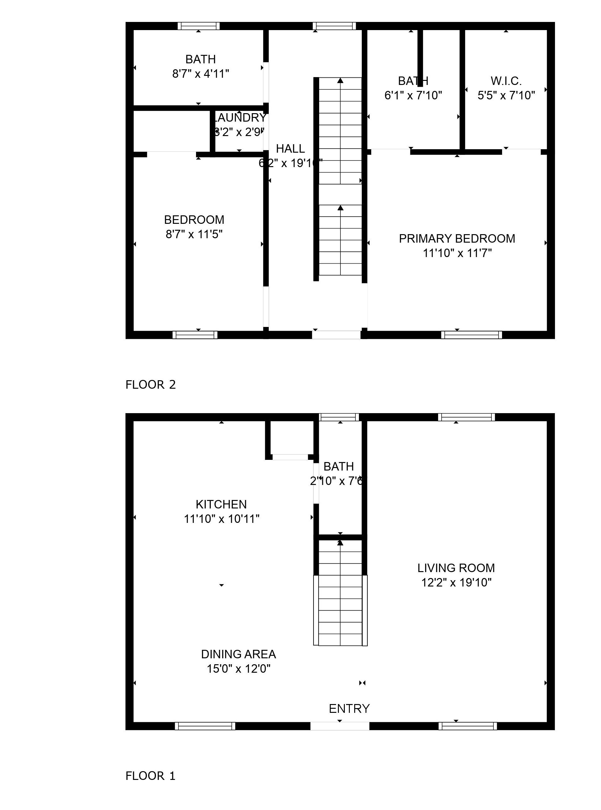 Plano de planta de una casa de dos pisos con dormitorio, baño, lavandería, pasillo, dormitorio principal, cocina, comedor, sala de estar y entrada.