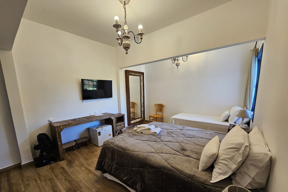 A bedroom with a bed, a desk, a chair, a television, and a mirror.