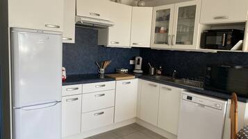 Frigorífico, microondas, horno y placa de cocina