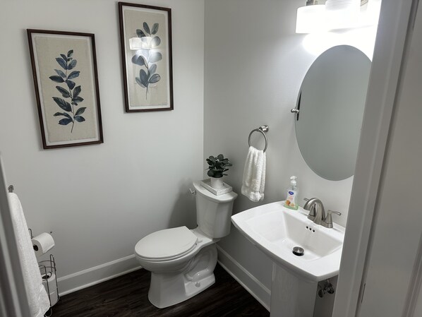 A bathroom with a toilet, sink, and framed artwork on the wall.