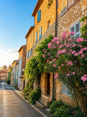 Eine Reihe von Steinhäusern mit Fensterläden, eine schmale Gasse und ein blühender Busch.