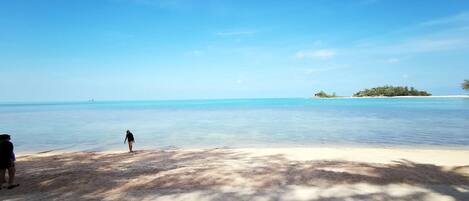 A beach with clear blue water, a person walking, and a small island in the distance.